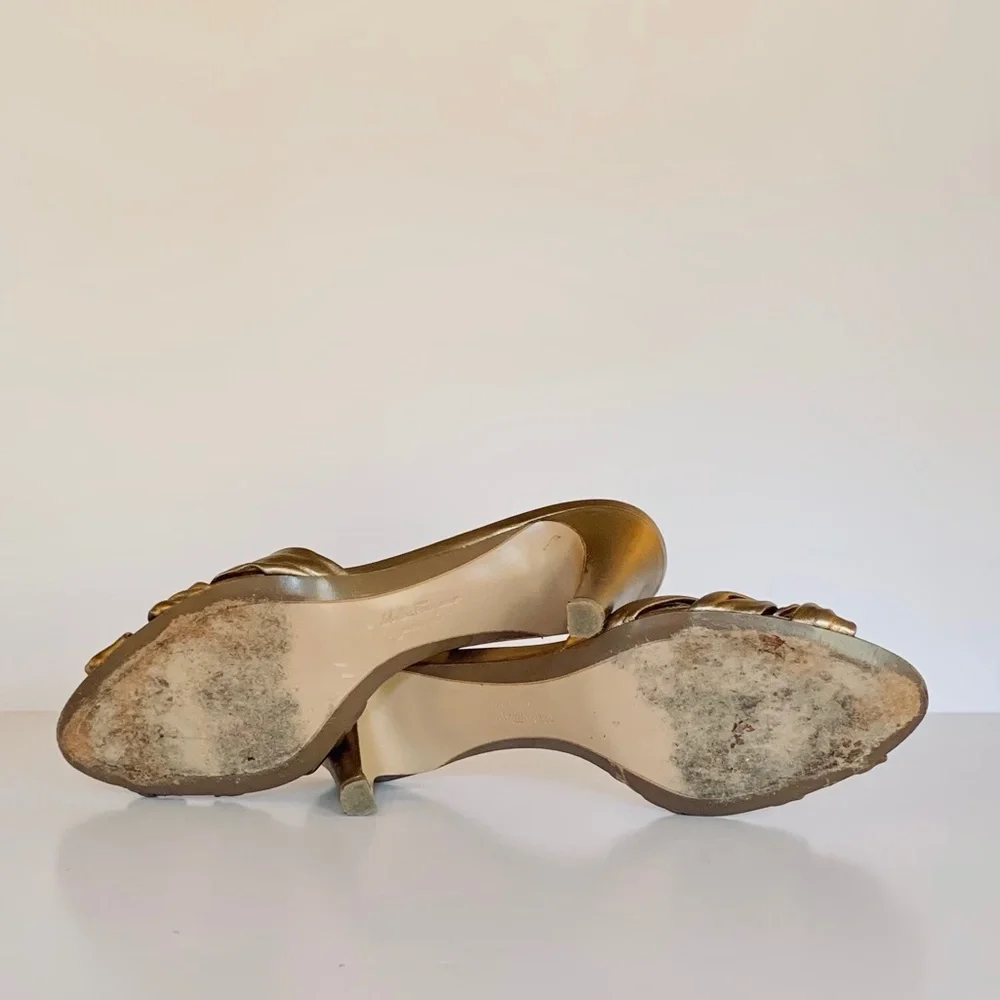 Salvatore Ferragamo Metallic Gold Knot Mule Heels